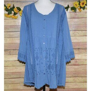 Roaman's Women's 28W Blue Eyelet Blouse Tunic Top Button Front 3/4 Sleeve Comfy